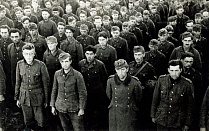 Группа немецких солдат и офицеров, захваченных в плен в наступательных боях на Курской дуге. Июль 1943 года (ГАБО)